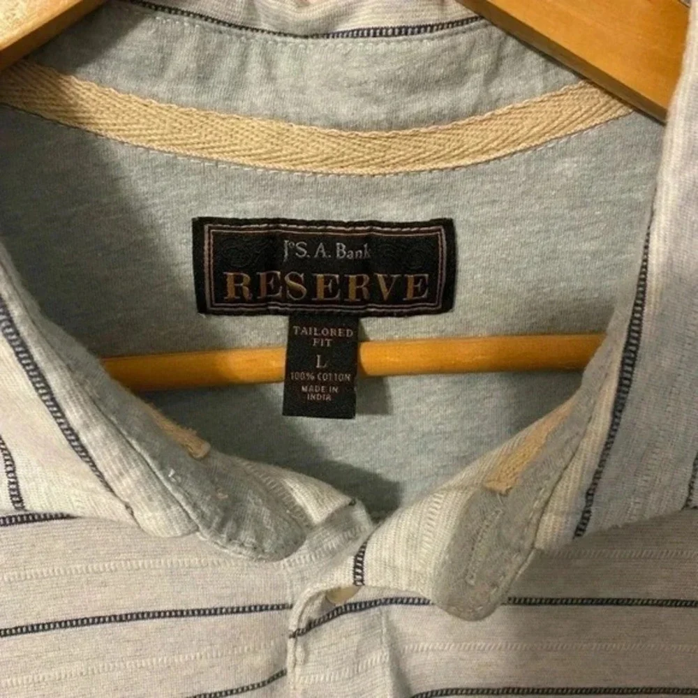 Jos. A. Bank Reserve Mens Gray Blue Striped Cotton Polo Shirt Tailored Fit‎ L